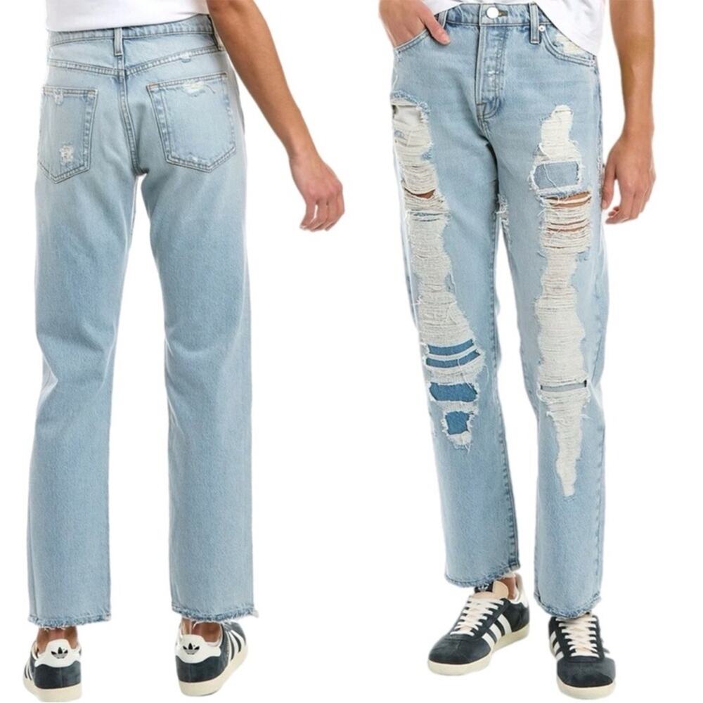 FRAME Denim Blue Jeans Le Slouch Drenched Low Rise Straight Distressed Size 31
